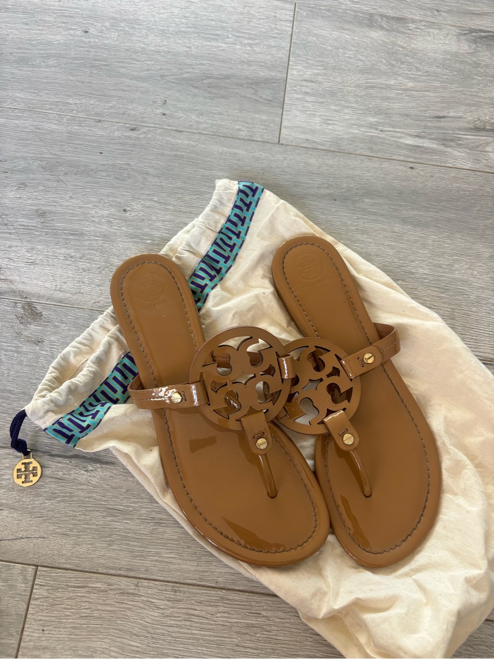 Tory Burch Tan Patent Leather Logo Thong Sandals